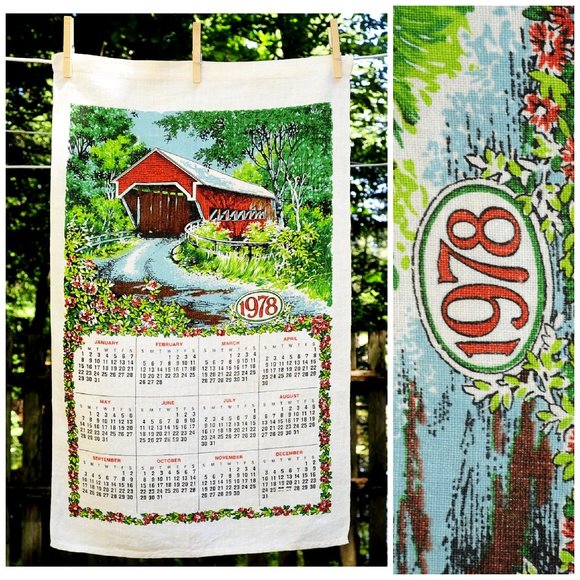 Vintage 1978 Red Covered Bridge in Spring/Summer w/ Flowers Calendar Tea Towel - Picture 1 of 8